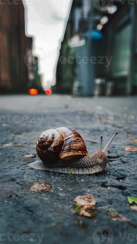 ai generato lumaca su il marciapiede, lento movimento su calcestruzzo, urbano natura verticale mobile sfondo foto