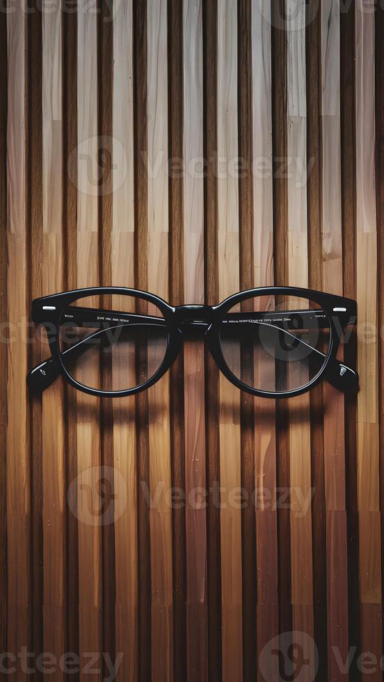 ai generato elegante occhiali con nero montatura impostato contro naturale di legno sfondo verticale mobile sfondo foto