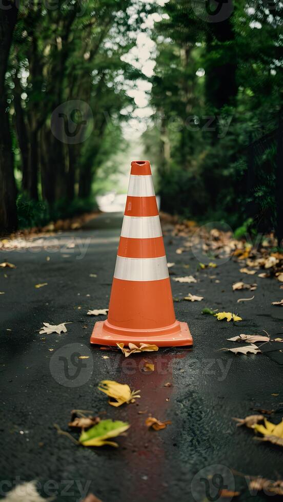 ai generato Visualizza traffico cono su marciapiede circondato di foglie, sicurezza concetto foto verticale mobile sfondo