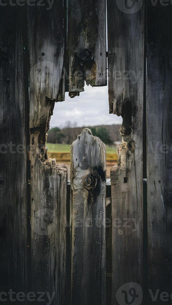 ai generato struttura di vecchio di legno recinto con buco, grunge sfondo foto verticale mobile sfondo