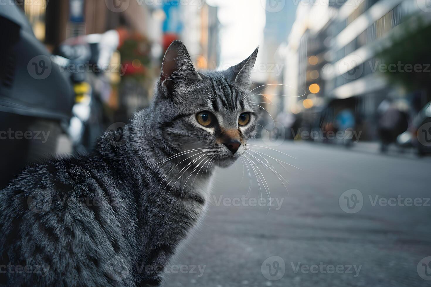 ai generato grigio strada gatto osserva dintorni nel all'aperto urbano ambientazione foto