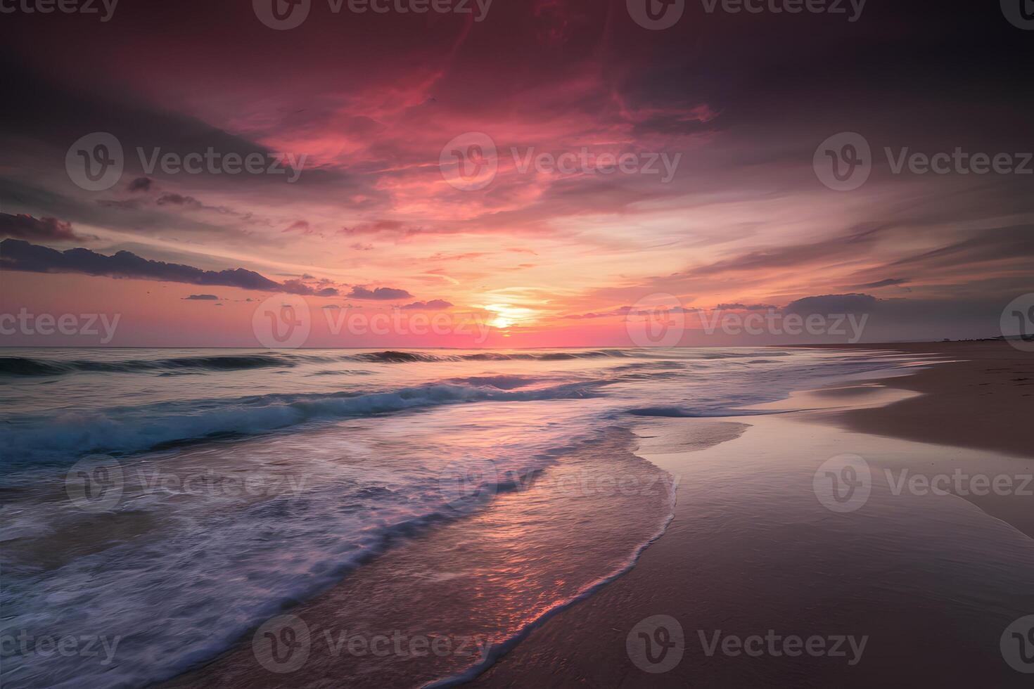 ai generato sereno spiaggia scena bagnata nel il caldo tonalità di tramonto foto