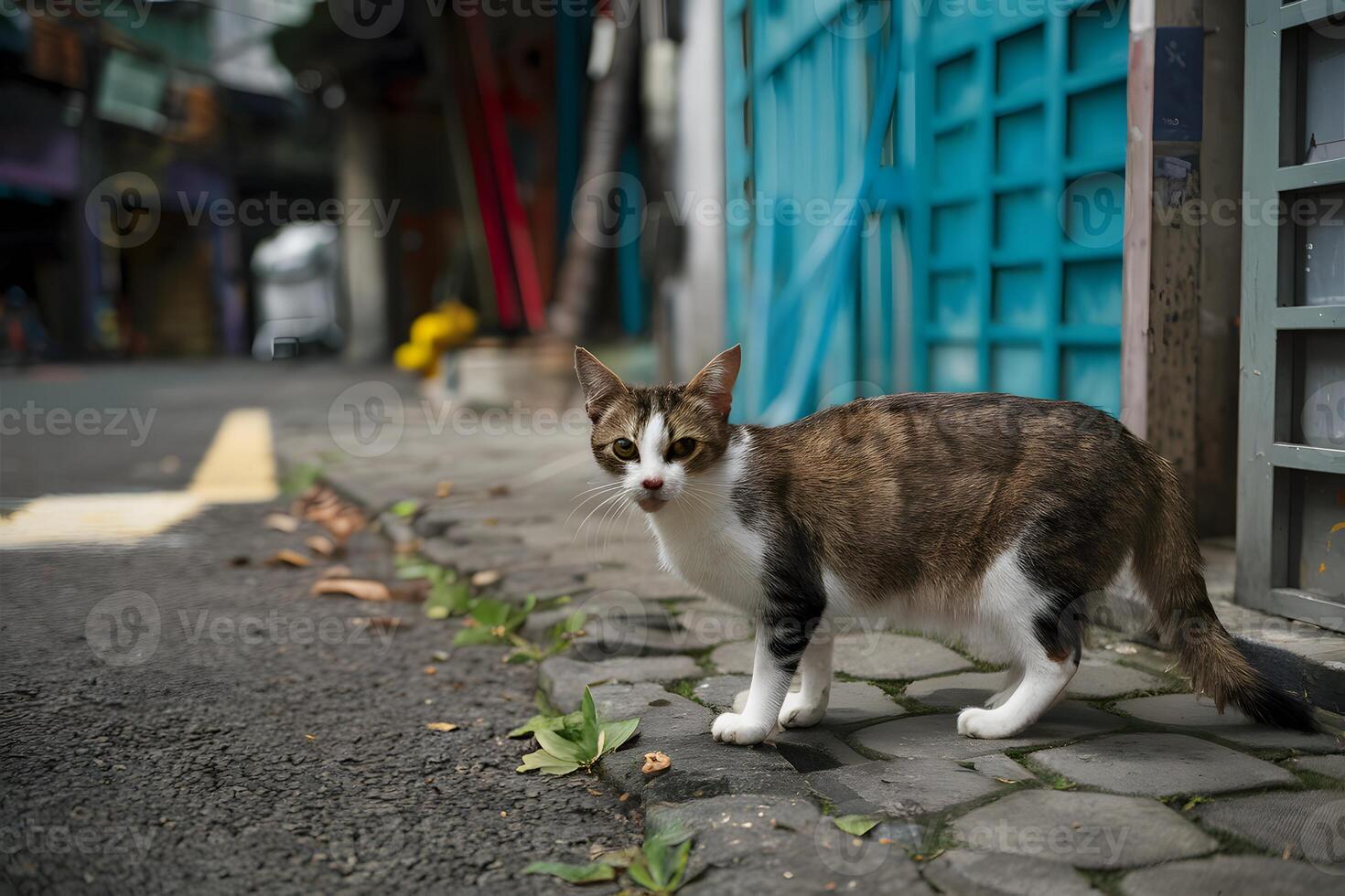 ai generato strada gatto vaga liberamente su KOH lipe strade, incarnando urbano resilienza foto