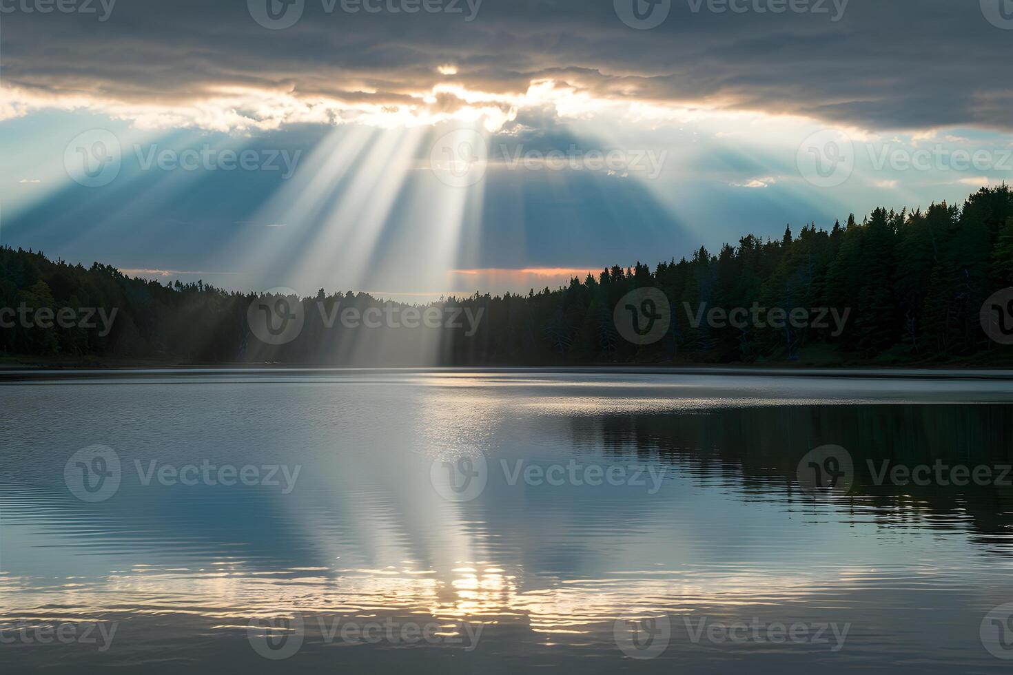 ai generato raggio di sole pause attraverso nuvole, getto radiante splendore al di sopra di tranquillo lago foto