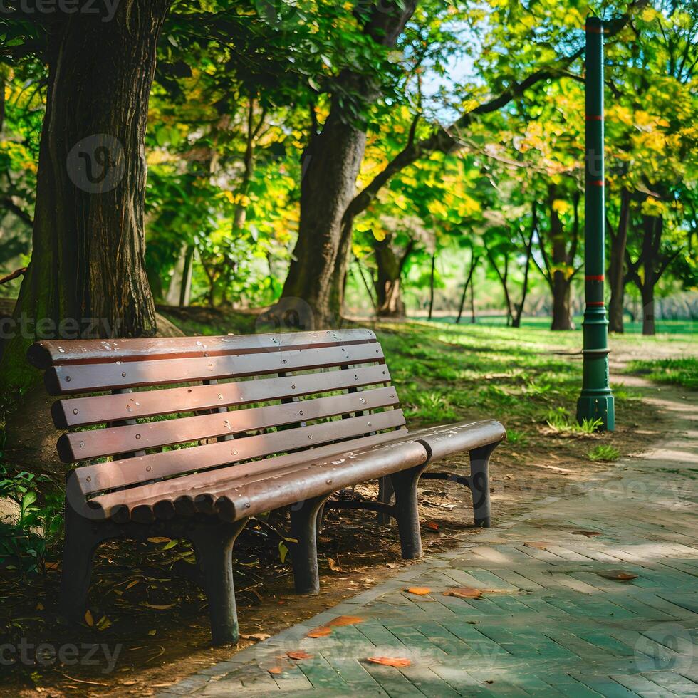ai generato Marrone di legno panchina nel parco su soleggiato giorno per sociale media inviare dimensione foto