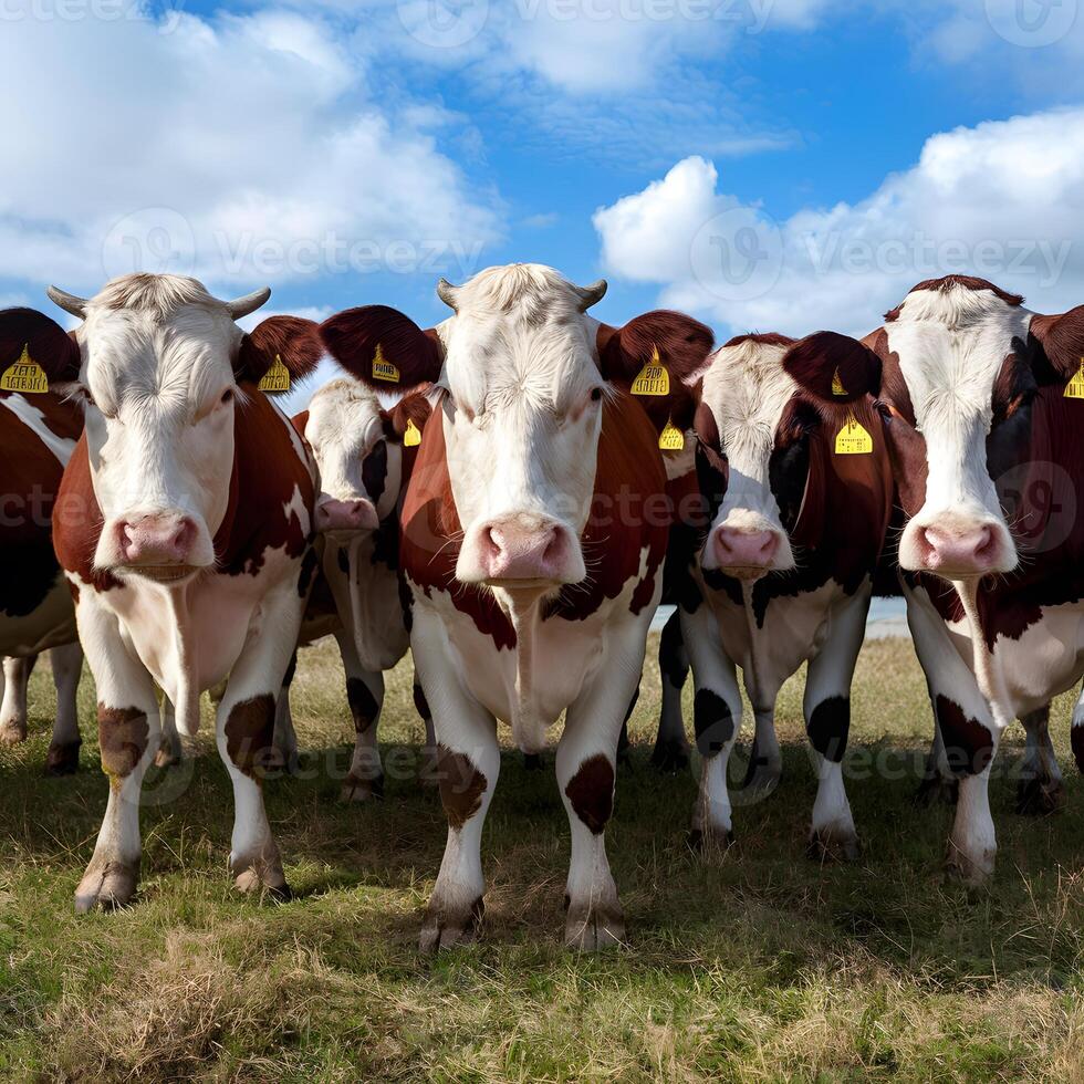 ai generato gruppo di mucche pose affascinante per il telecamera per sociale media inviare dimensione foto
