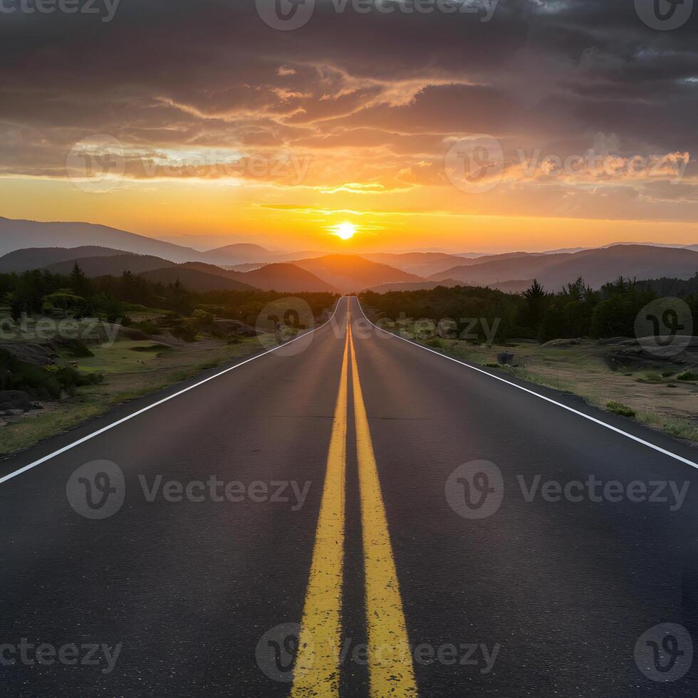 ai generato asfalto strada si crogiola nel il Sole sorge caldo splendore per sociale media inviare dimensione foto