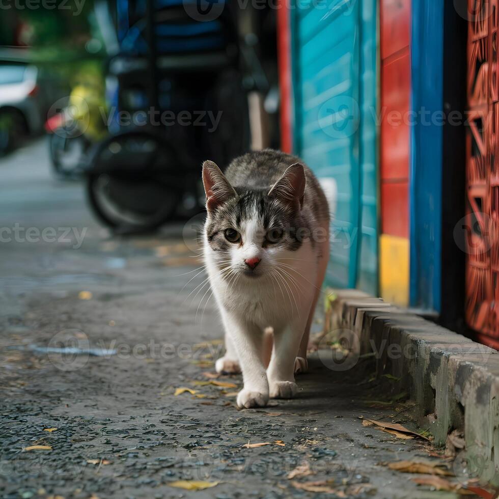 ai generato strada gatto vaga liberamente su KOH lipe strade, incarnando urbano resilienza per sociale media inviare dimensione foto