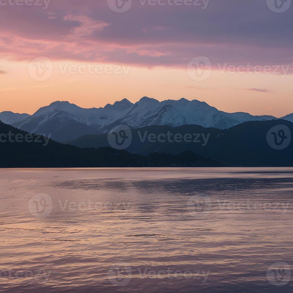 ai generato montagne fornire sbalorditivo fondale per sereno tramonto al di sopra di acqua per sociale media inviare dimensione foto