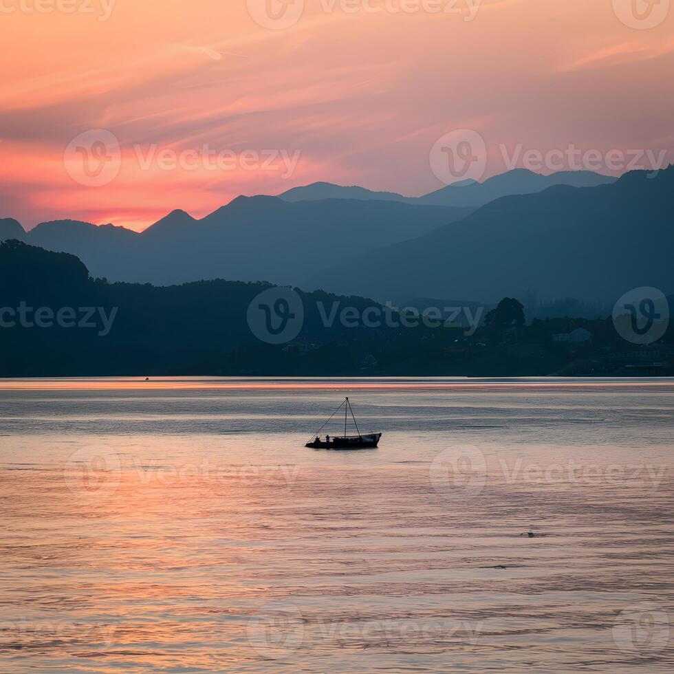 ai generato montagne fornire sbalorditivo fondale per sereno tramonto al di sopra di acqua per sociale media inviare dimensione foto