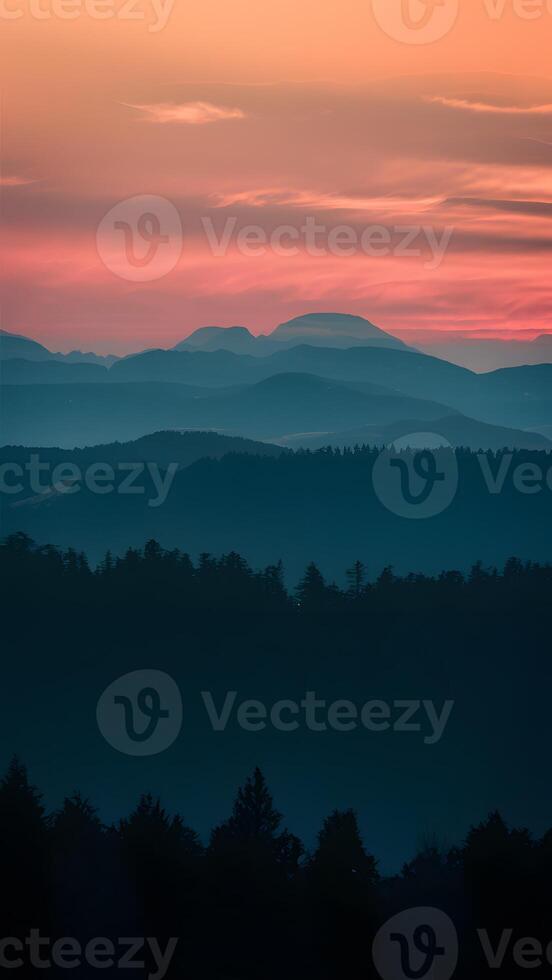 ai generato montagne staglia contro tramonto creare mozzafiato panoramico Visualizza verticale mobile sfondo foto