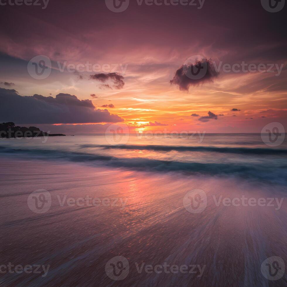 ai generato sereno spiaggia scena bagnata nel il caldo tonalità di tramonto per sociale media inviare dimensione foto
