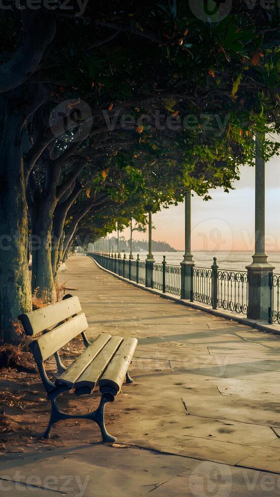 ai generato mediterraneo coste fascino catturato nel città parco panchina scena verticale mobile sfondo foto