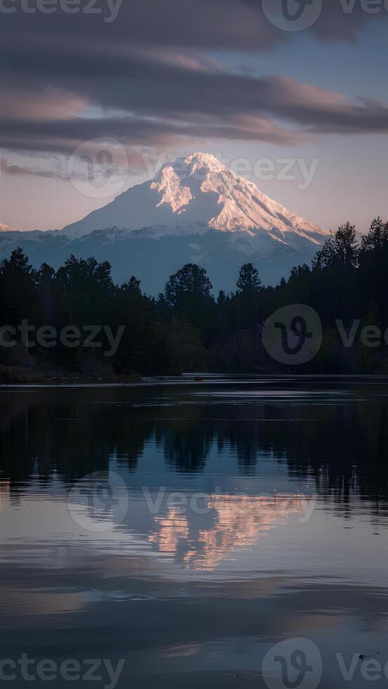 ai generato tranquillo scena riflette celeste silhouette al di sopra di illuminato acqua superficie verticale mobile sfondo foto