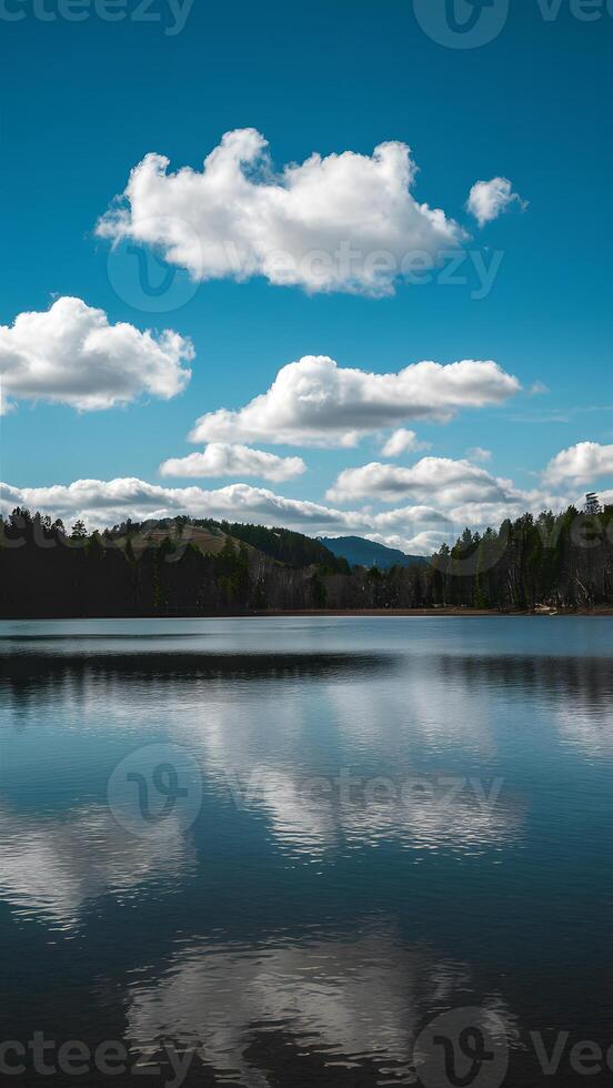 ai generato bianca nuvole deriva pigramente al di sopra di lago contro blu cielo fondale verticale mobile sfondo foto