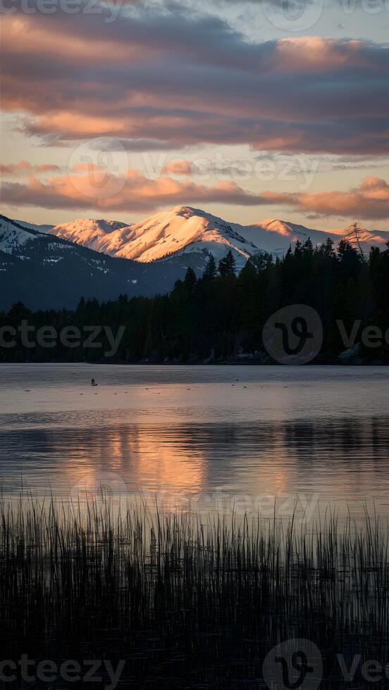 ai generato pittoresco tramonto scena bagna il lago nel caldo, d'oro tonalità verticale mobile sfondo foto