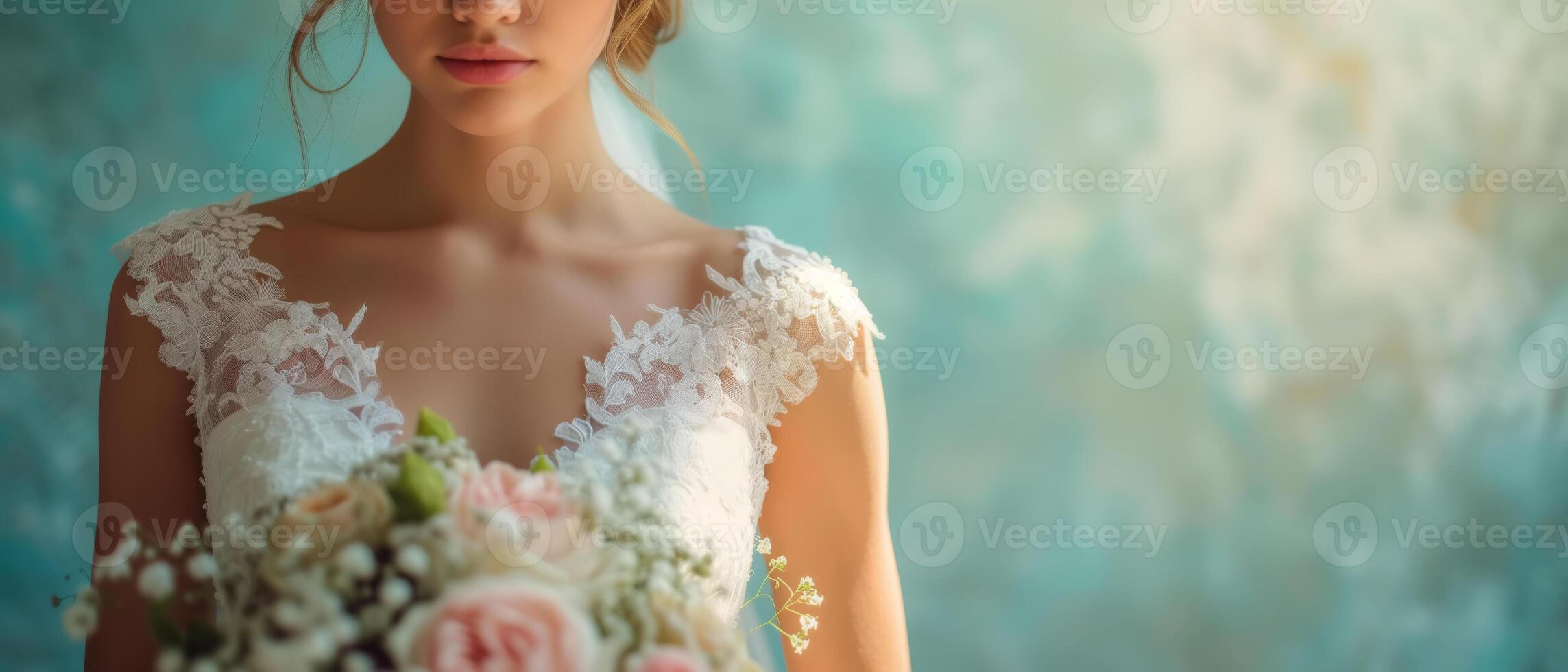 ai generato un' donna vestito nel un' bianca nozze toga è Tenere un' mazzo di fiori. lei sta nel davanti di un' bandiera con copia spazio foto