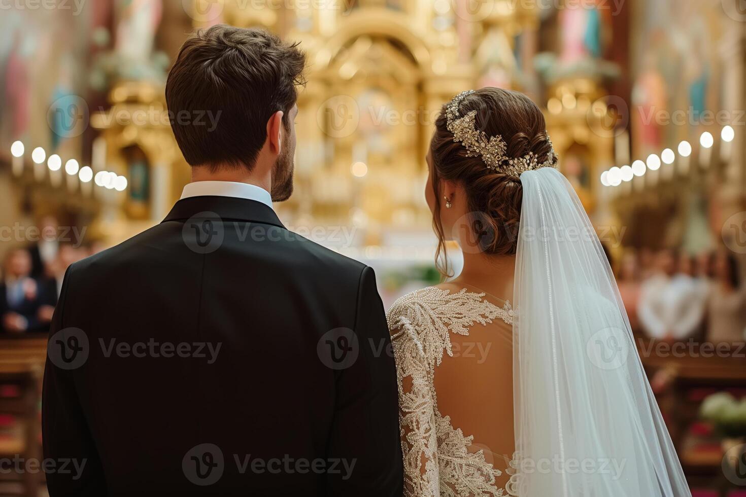 ai generato indietro Visualizza di un' uomo e donna, marito e moglie, in piedi nel un' Chiesa foto