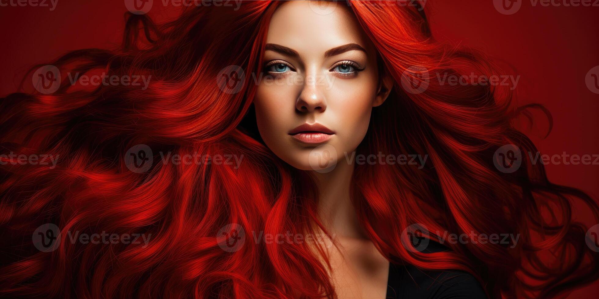 ai generato donna con rosso capelli su un' rosso sfondo, pubblicità shampoo. generativo ai foto