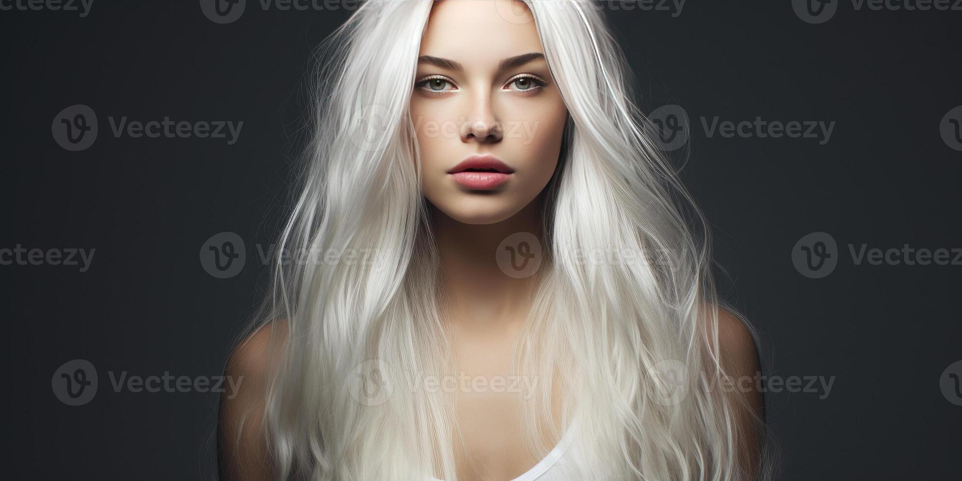 ai generato giovane donna con bellissimo bianca capelli su un' nero sfondo. generativo ai foto