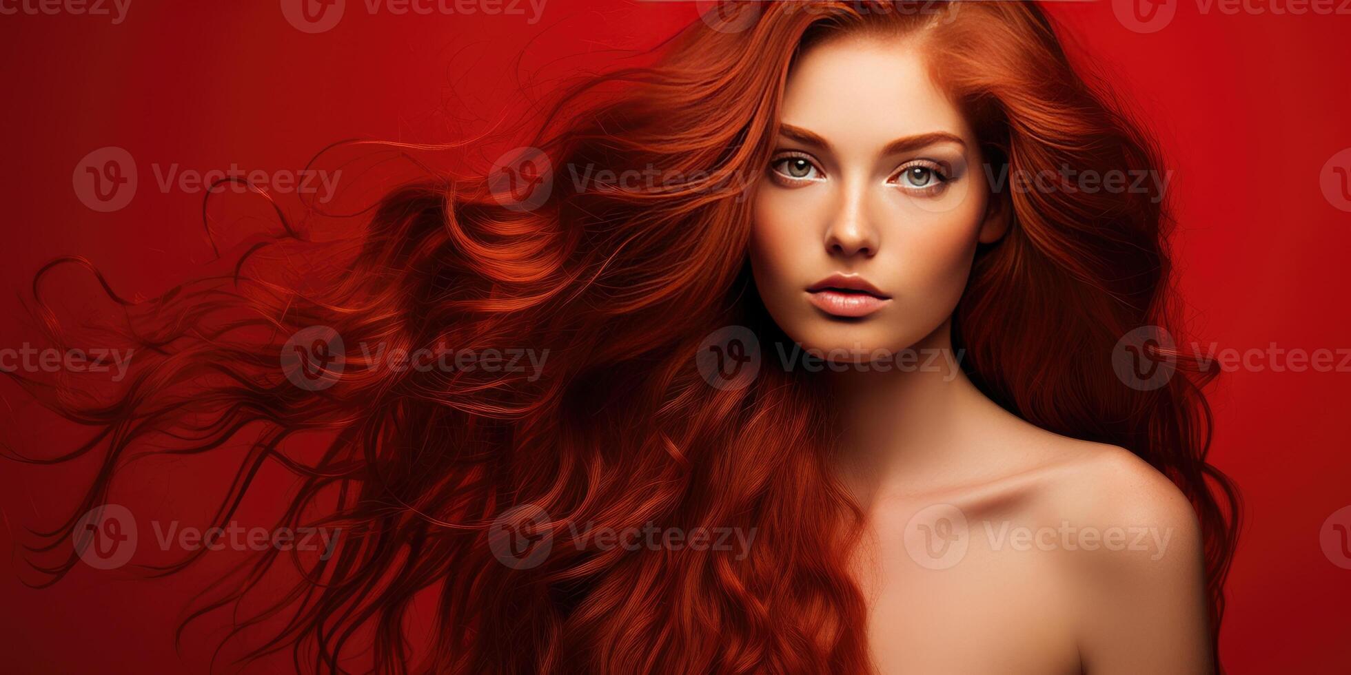 ai generato donna con rosso capelli su un' rosso sfondo, pubblicità shampoo. generativo ai foto