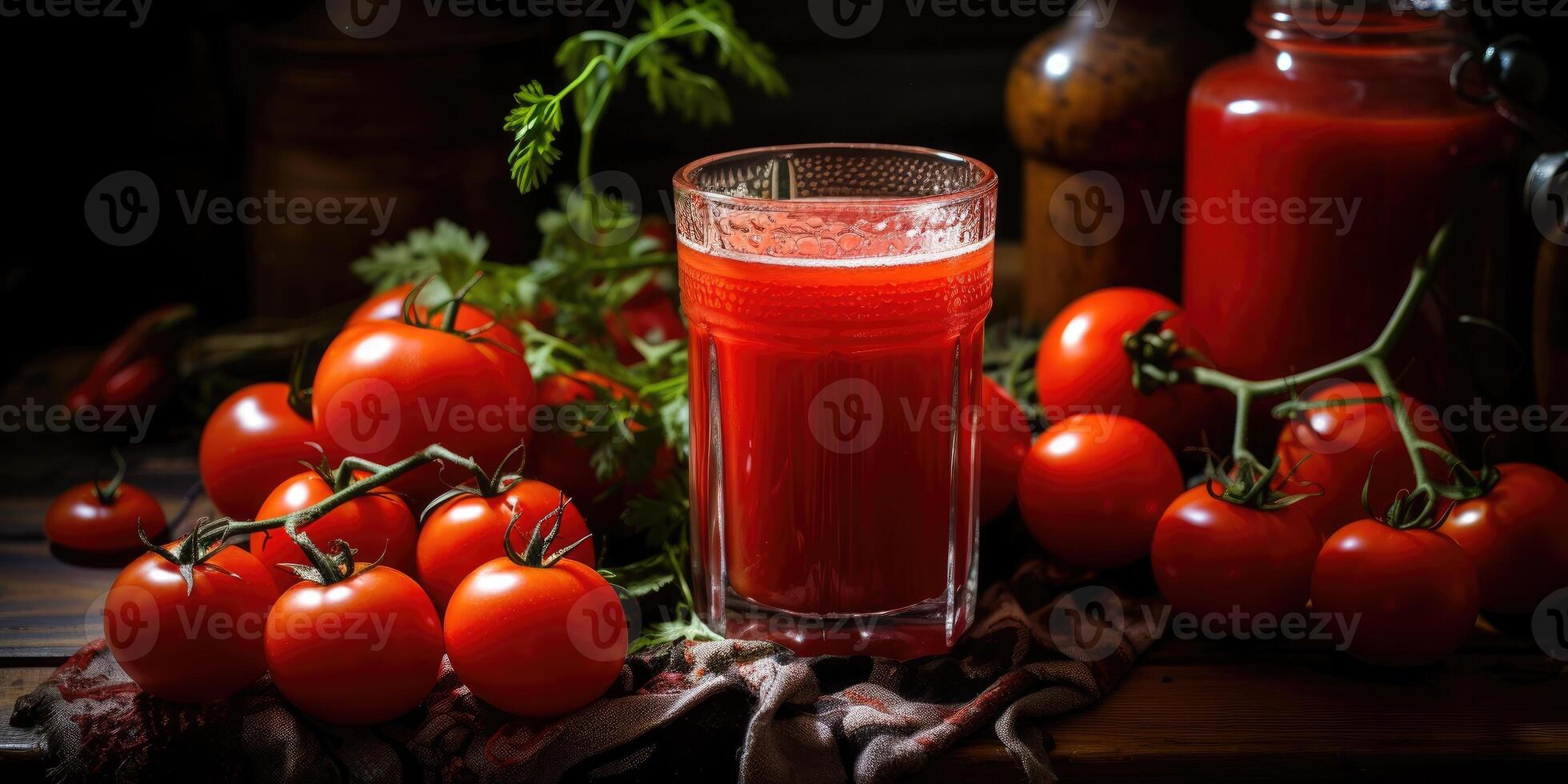 ai generato pomodoro succo nel bicchiere, delizioso maturo pomodori su il tavolo. raccolta. generativo ai foto