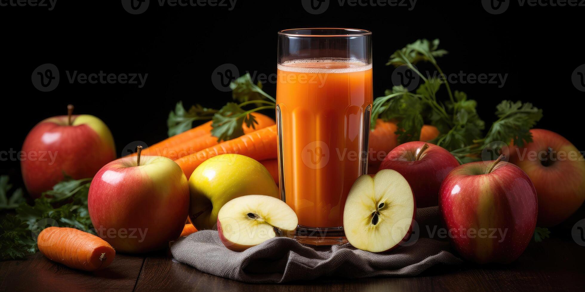 ai generato fresco uovo e carota succo con erbe aromatiche nel un' bicchiere su di legno tavolo. generativo ai foto