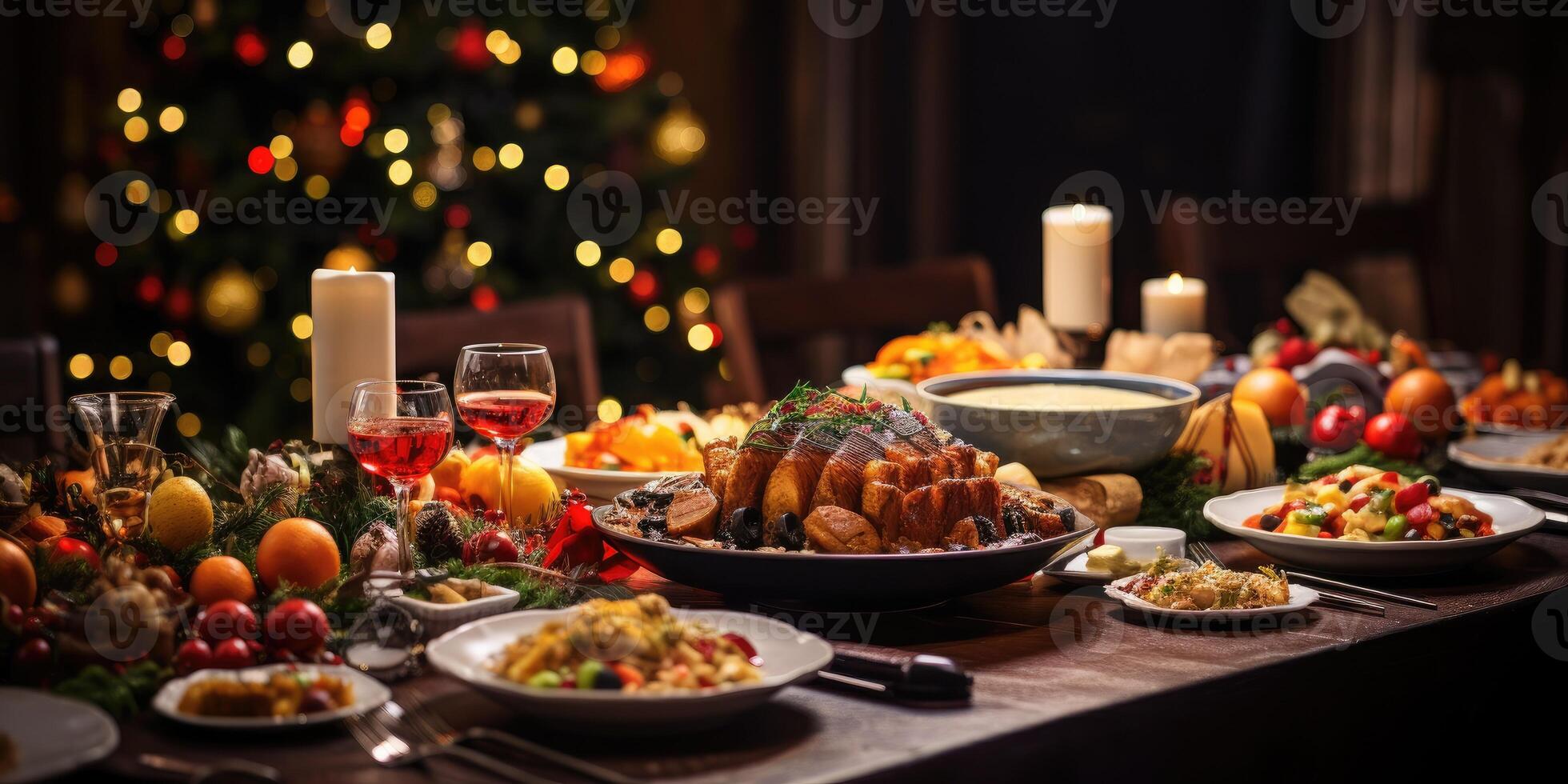 ai generato Natale tavolo, con un' sfocato Natale albero nel il sfondo. molte di cibo piatti.generativo ai foto