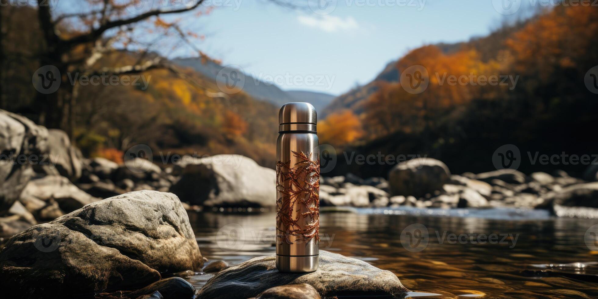 ai generato acciaio eco-termico bottiglia contro il sfondo di un' fiume nel il montagne. generativo ai foto