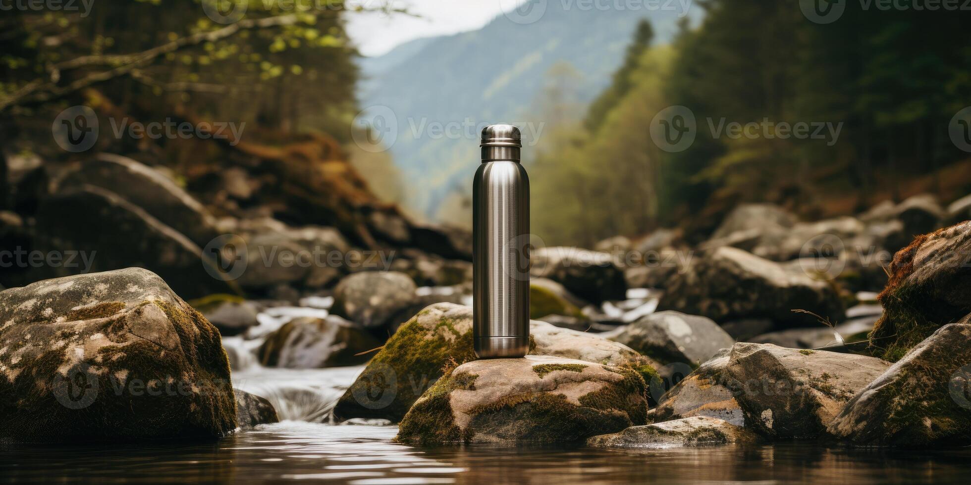ai generato acciaio eco-termico bottiglia contro il sfondo di un' fiume nel il montagne. generativo ai foto