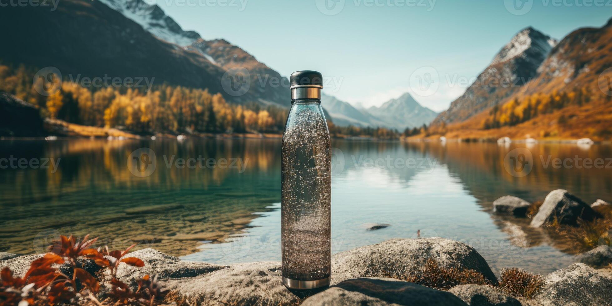 ai generato bicchiere bottiglia per acqua o bevande su un' bellissimo montagna paesaggio. generativo ai foto