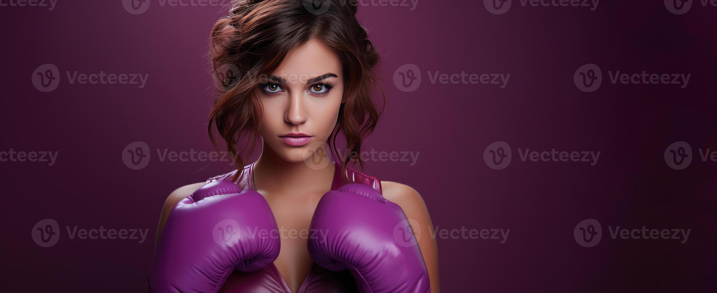 ai generato donna indossare boxe guanti. viola striscione, forte sportivo donna concetto. generativo ai foto