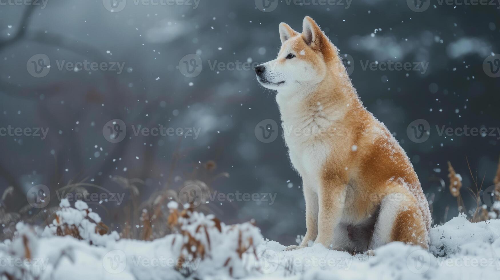 ai generato un' bellissimo akita inu cane su un' nevoso sfondo, realistico foto