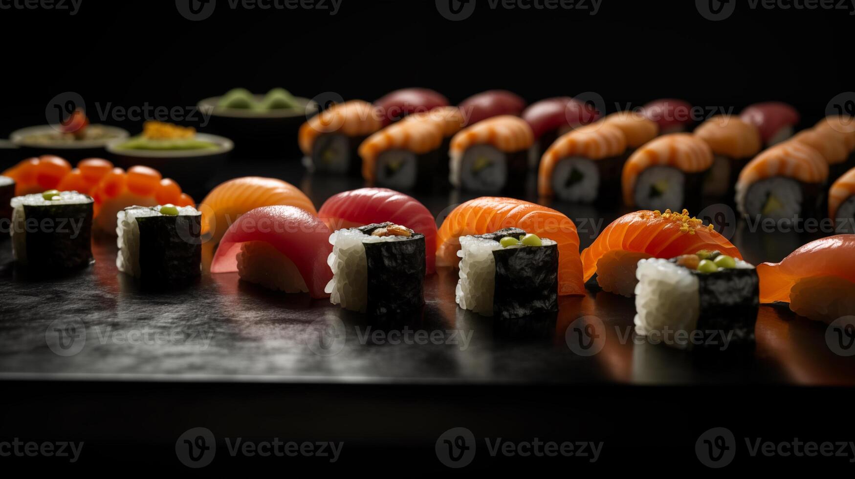 ai generato Sushi rotolo giapponese ristorante cibo, nero sfondo, realistico foto