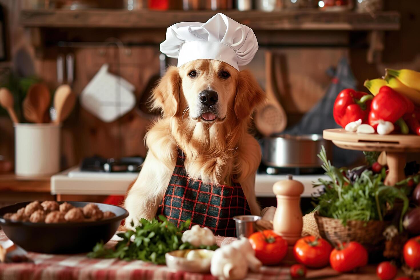 un' d'oro cane da riporto indossare un' capocuoco costume nel il cucina, avidamente pronto per cucinare. . foto