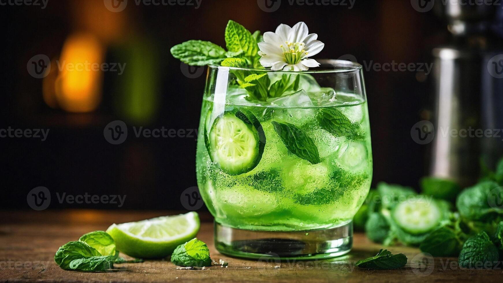 un' bicchiere pieno con un' vivace verde mocktail fatto con fresco menta, cetriolo, e lime fette, condensazione formatura su il bicchiere con un' primavera fiore contorno. foto