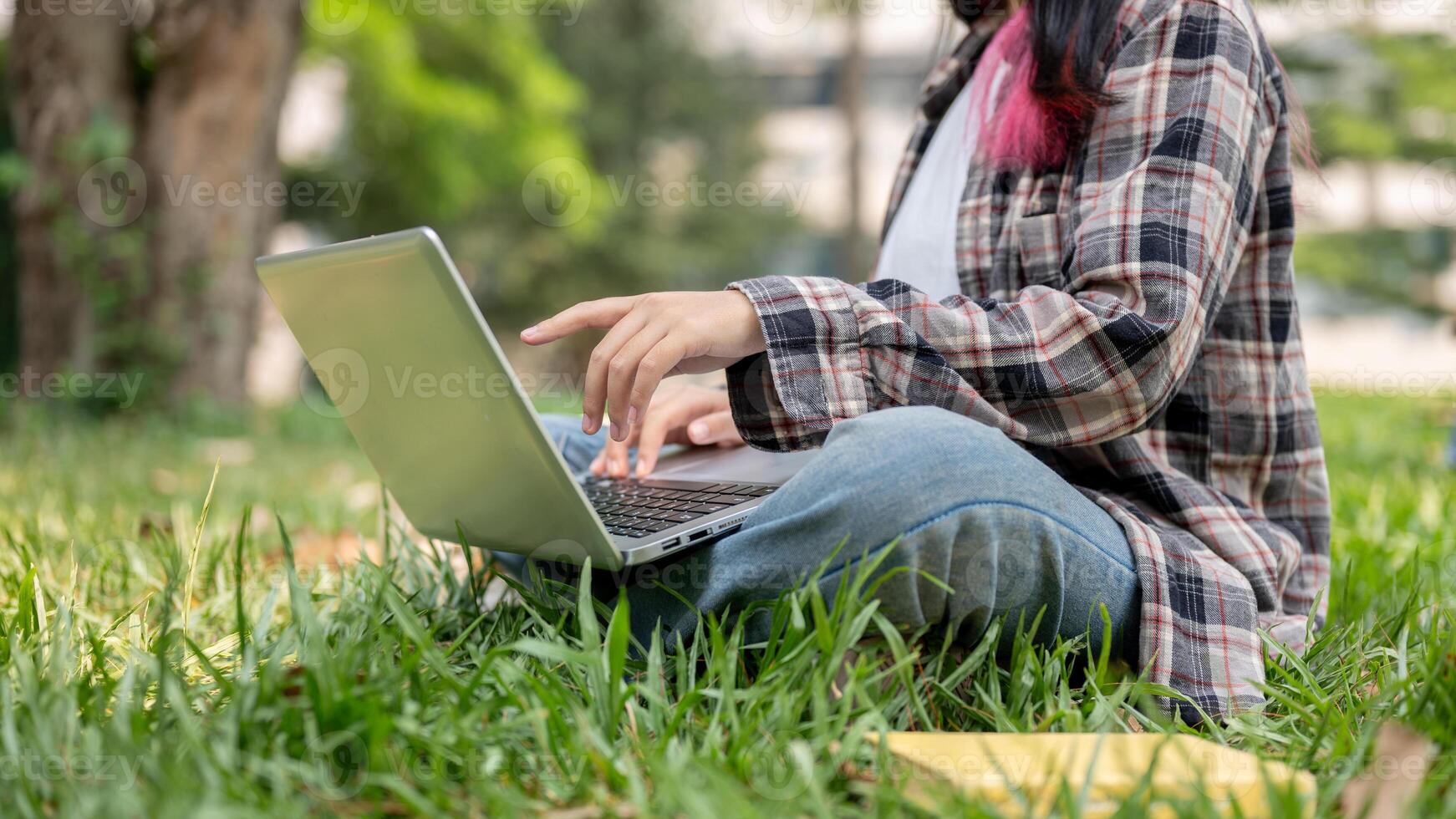un' ritagliata Immagine di un' femmina utilizzando sua il computer portatile computer mentre seduta su il erba nel un' parco. foto