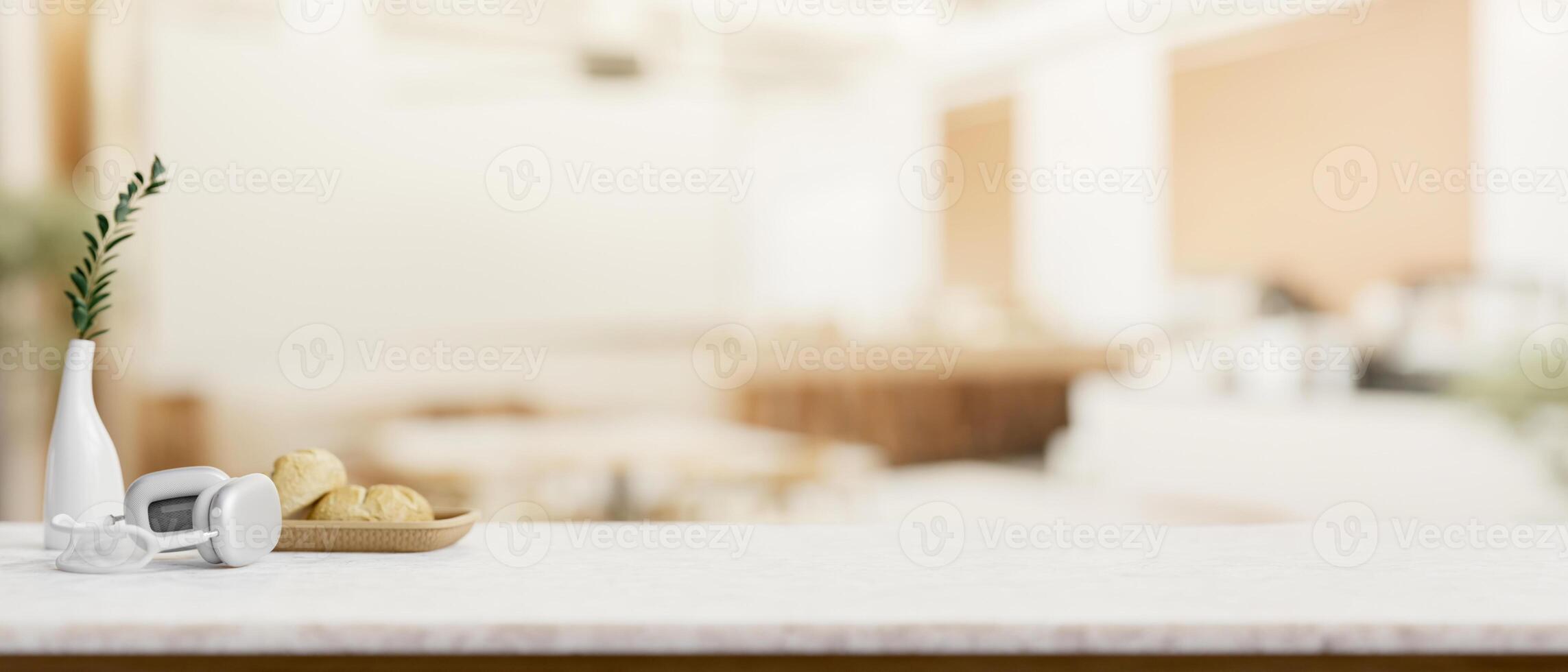 un' tavolo con un' presentazione spazio per Schermo prodotti con un' sfocato sfondo di un' vivente camera. foto