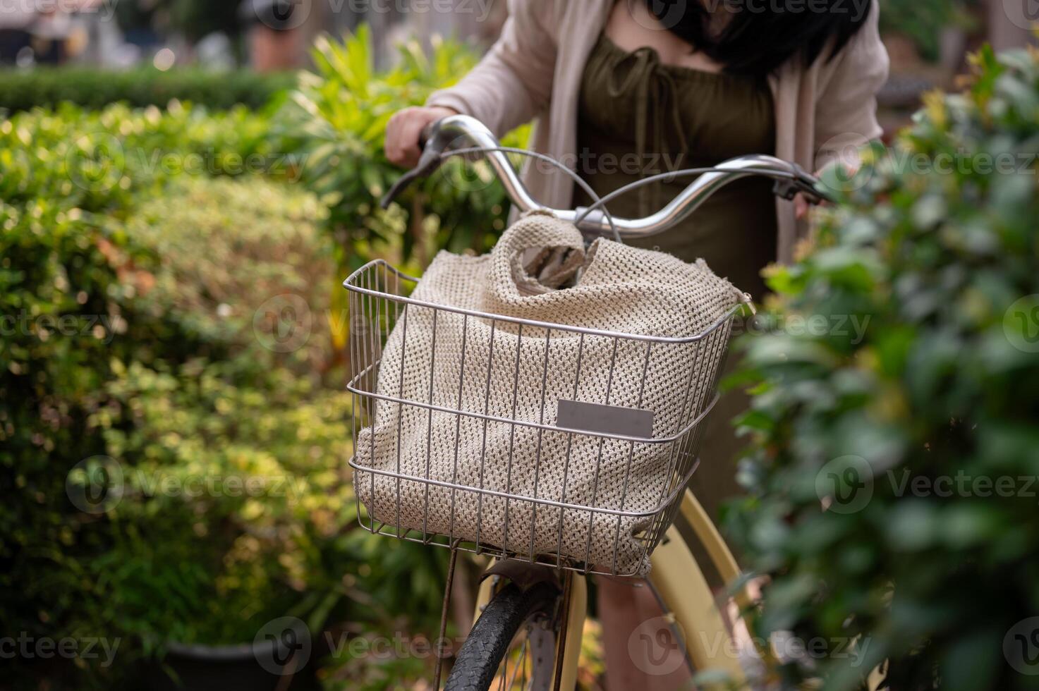 un' ritagliata tiro di un' donna nel un' carino vestito spingendo sua bicicletta su un' sentiero nel un' città parco. foto