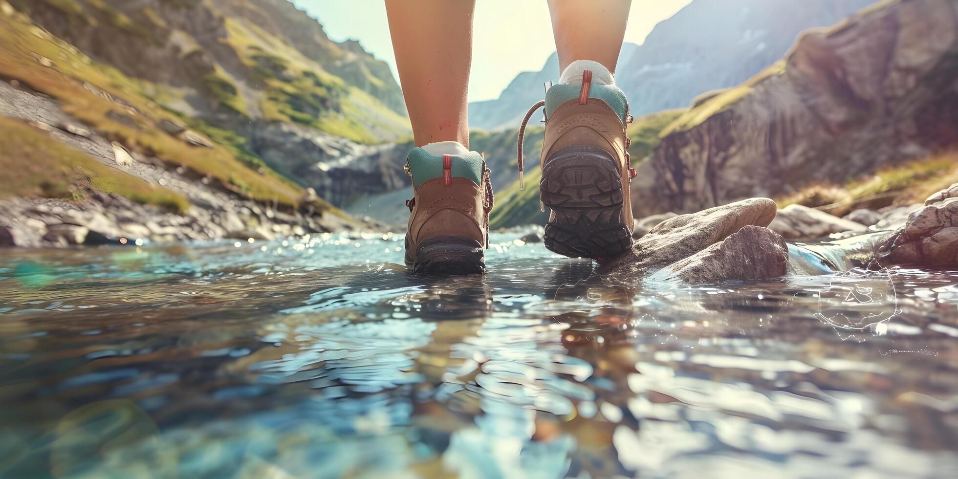 escursioni a piedi escursionista viaggiatore paesaggio avventura natura all'aperto sport sfondo panorama - vicino su di piedi con escursioni a piedi scarpe a partire dal un' uomo o donna a piedi nel il fiume foto