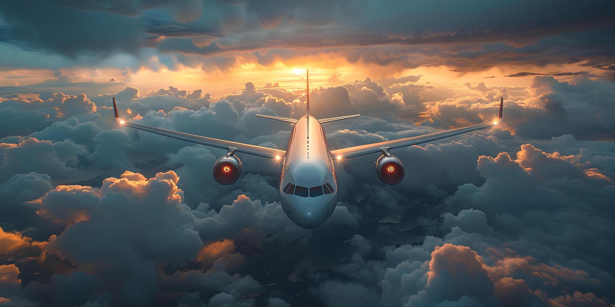 commerciale aereo assunzione via in colorato cielo a tramonto. paesaggio con bianca passeggeri aereo, viola cielo con rosa nuvole. in viaggio di aereo foto