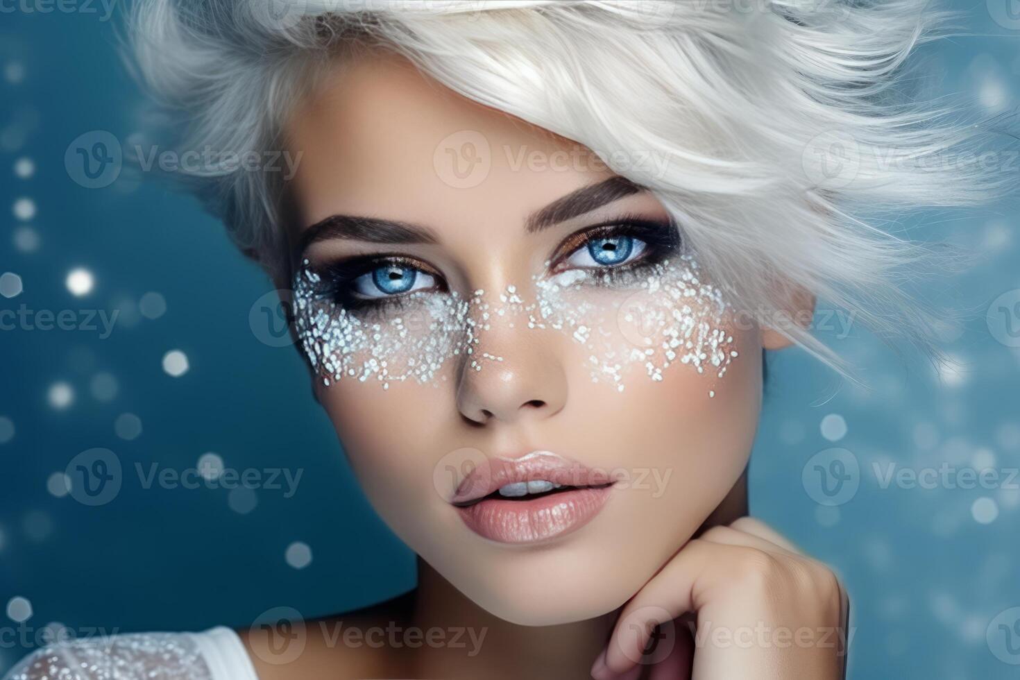 un' donna con bianca capelli e blu occhi è indossare i fiocchi di neve su sua pelle foto