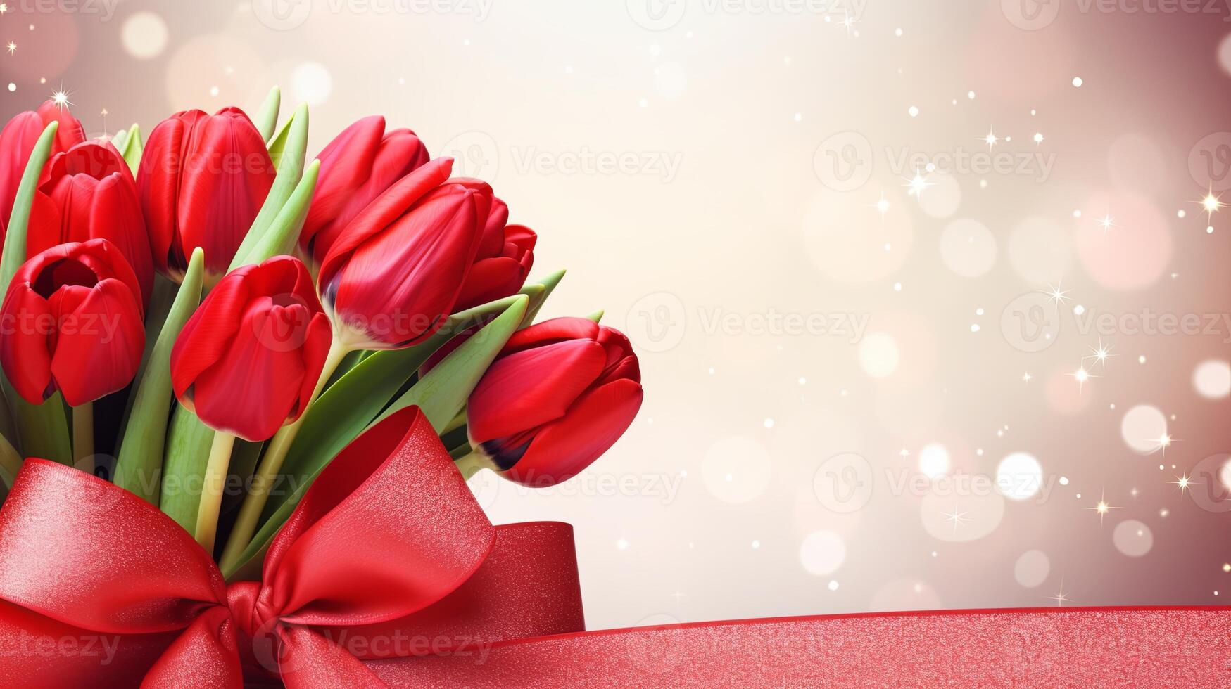 rosso tulipano mazzo con arco su scatola, vivace magenta petali foto