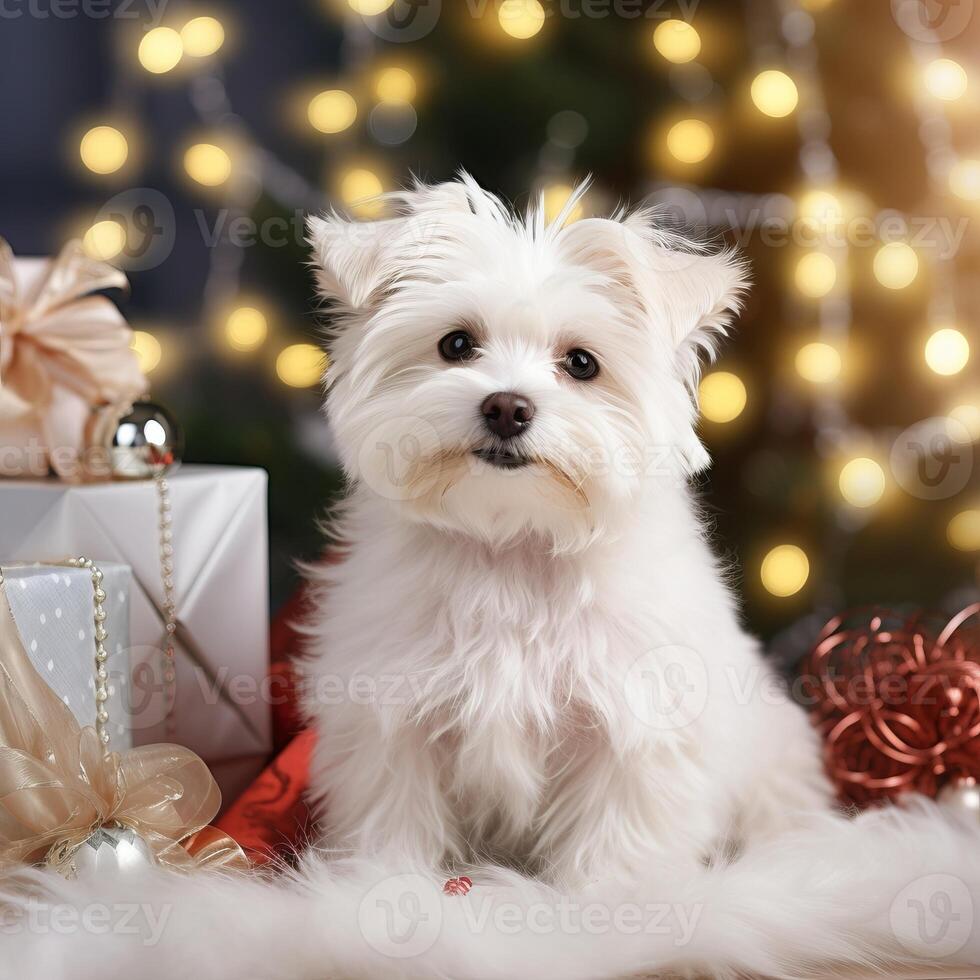 piccolo bianca cane seduta nel davanti di regali sotto un' Natale albero foto