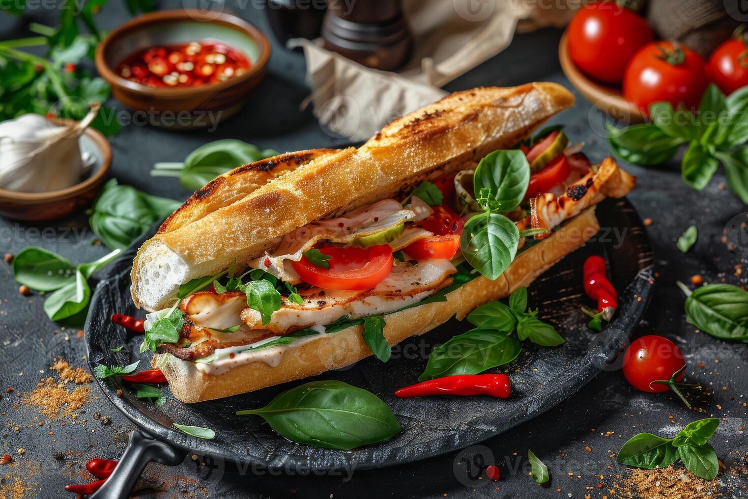 Sandwich con pollo, formaggio, pomodori e basilico su un' nero piatto e nero sfondo Il prossimo per il ingredienti foto