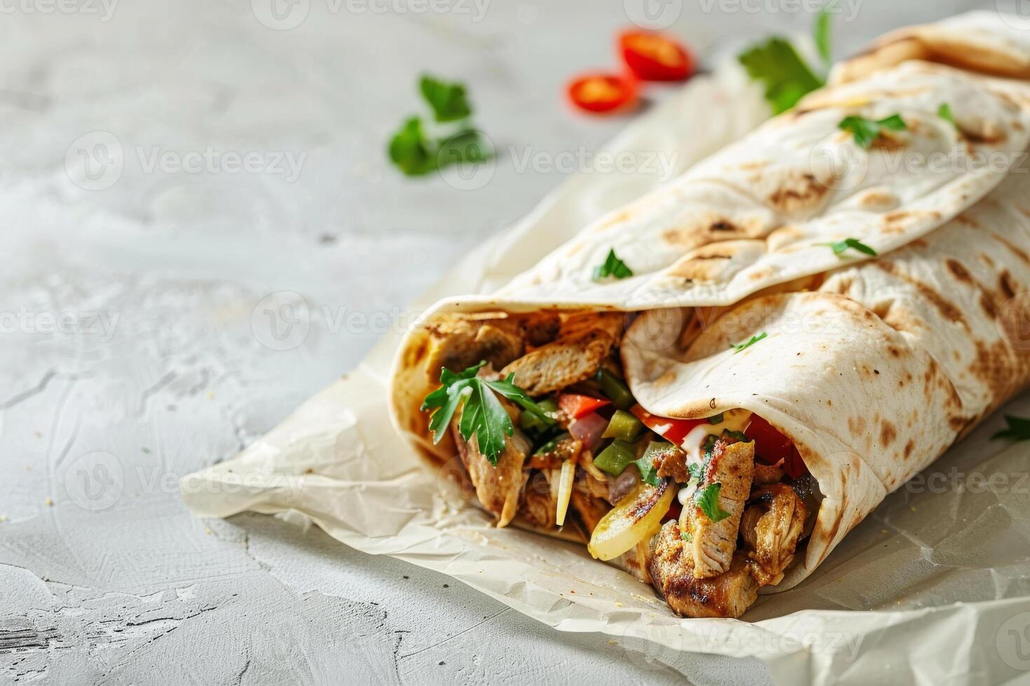 tradizionale messicano cibo, burrito. shawarma nel Pita pane con carne e verdure e coriandolo foto