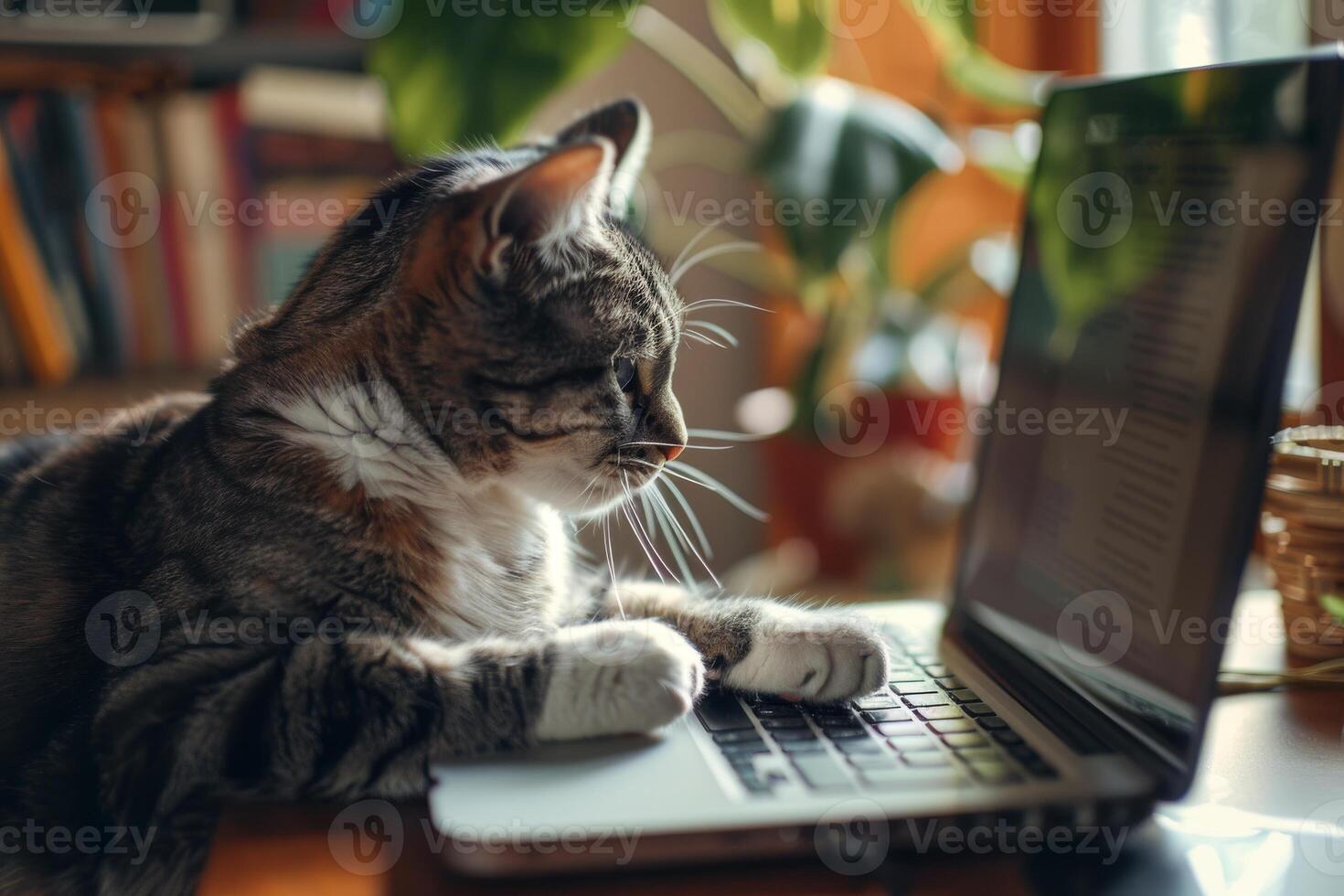 un' domestico gatto si siede a un' scrivania utilizzando un' il computer portatile. opera, sociale reti, intrattenimento. lontano opera foto