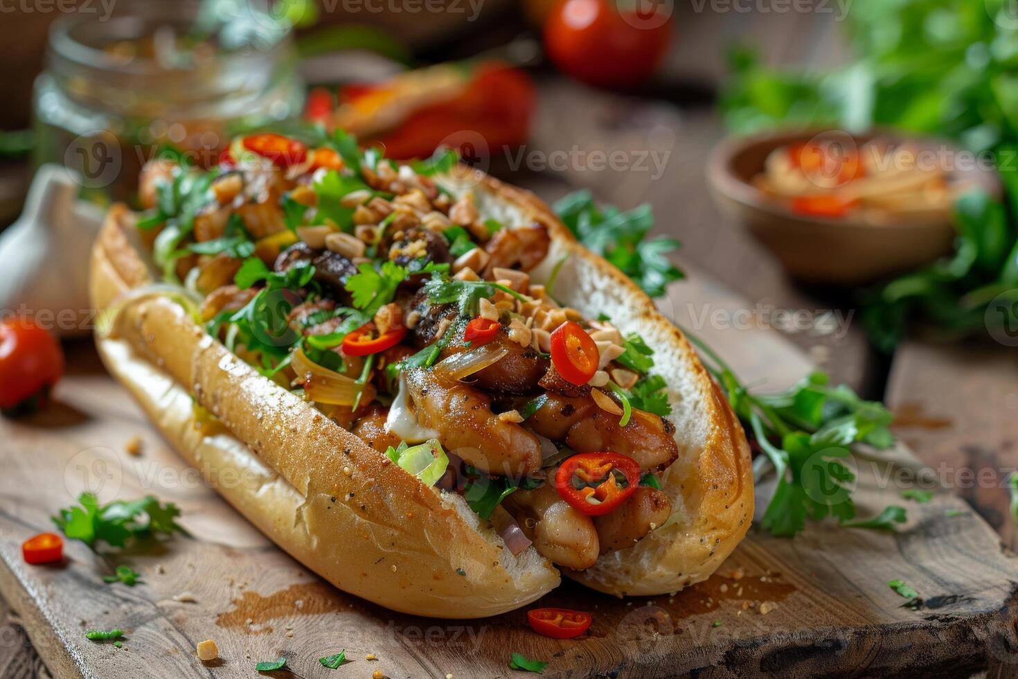 delizioso Sandwich con carne, pomodori, peperoni, coriandolo verdura su un' di legno tavola su un' sfondo con ingredienti foto