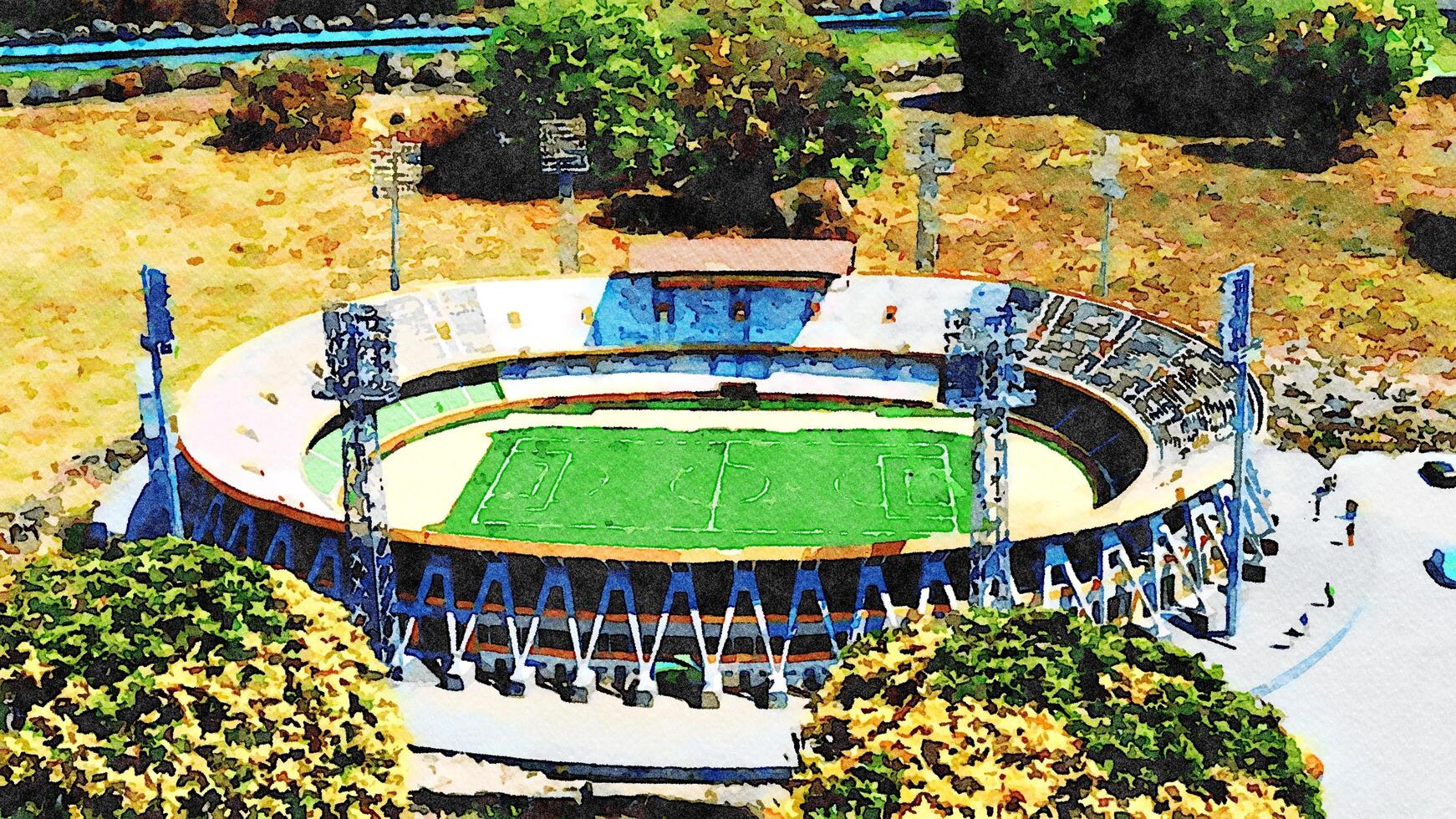 un' calcio stadio su il sobborgi di il città. digitale acquerello foto