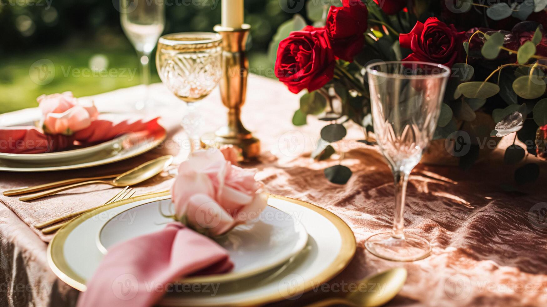 nozze e evento celebrazione tablescape con fiori, formale cena tavolo ambientazione con Rose e vino, elegante floreale tavolo arredamento per cena festa e vacanza decorazione, casa messa in piega foto